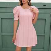 Summer Solid Color Stitching Cuff Round Neck Simple And Elegant Female Dress