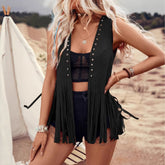 Women's Rivet Decoration Tassel Hem Vest Jacket
