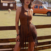 Western Style Summer Women's Zipper Round Neck Retro Tassel Dress