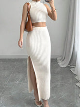 Knitted Sweater Round Neck Vest And Split Skirt Two-piece Set