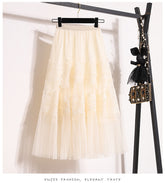 Embroidered Floral Lace Pleated A- Line Cake Dress Midi Skirt