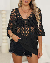 Women's Sexy Cutout Woven Shirt Batwing Sleeve Loose Casual Top Bikini Cover-up Blouse