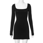 Long Sleeve Stitching Low Waist Solid Color Lace-up Backless Short Dress