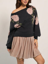 Women's Casual Loose Off Shoulder Flower Jacquard Pullover Sweater