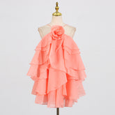 Halter Three-dimensional Flower Design Lace-up Sleeveless Dress