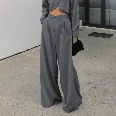 Gray, Long Sleeve Shirt High Waist Slimming Suit Wide Leg Pants
