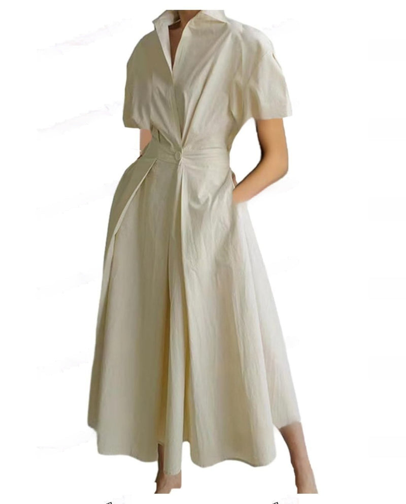 Commuting Fashion Polo Collar Shirt Elastic Waist Large Swing Dress