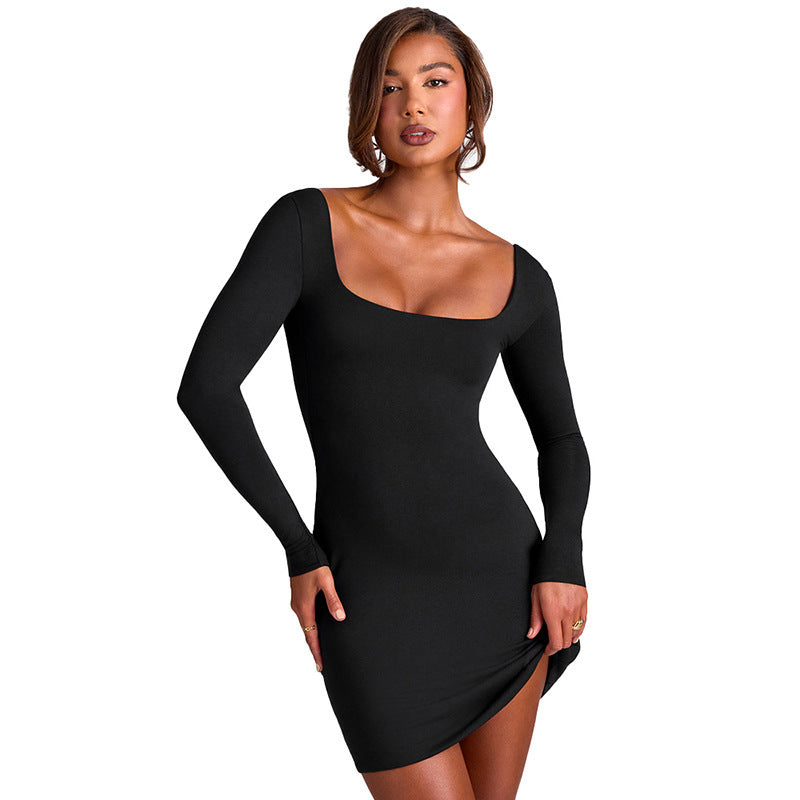 Long Sleeve Stitching Low Waist Solid Color Lace-up Backless Short Dress