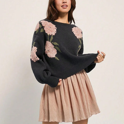 Women's Casual Loose Off Shoulder Flower Jacquard Pullover Sweater