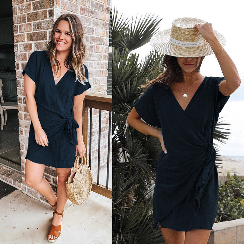 V-neck Lace-up Irregular Female Dress