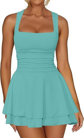 Women's Square Collar Waist Pleated Hem Mini Short Dress
