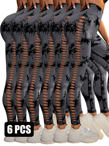 6Pcs Tie-dye Cut-out Leggings Women's Yoga Pants