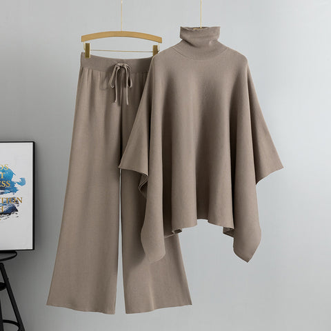 Turtleneck Cape Knitted Wide-leg Pants Elegant Outfit