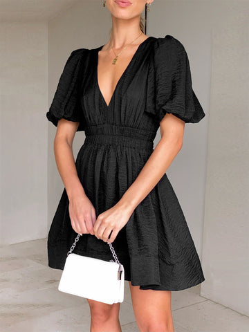 European And American Elegant Dress Sweet Waist Trimming Dress V-Neck Lantern Sleeve Dress Women's Summer Sun Dresses Evening Dress