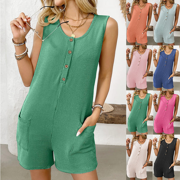 Women's Button Placket Casual Vest One-piece Shorts