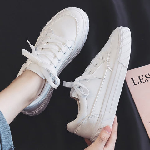 Leather Small White Shoes Women Show Thin Feet And Lace-up Canvas Shoes Women
