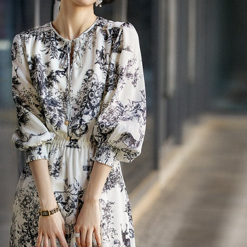 Elastic Heavy Crepe Silk Lantern Sleeve Dress