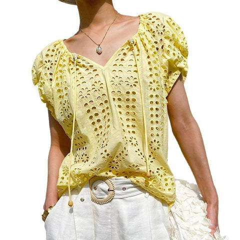 Vacation Style Embroidered Top Short Sleeve Summer French Style Design