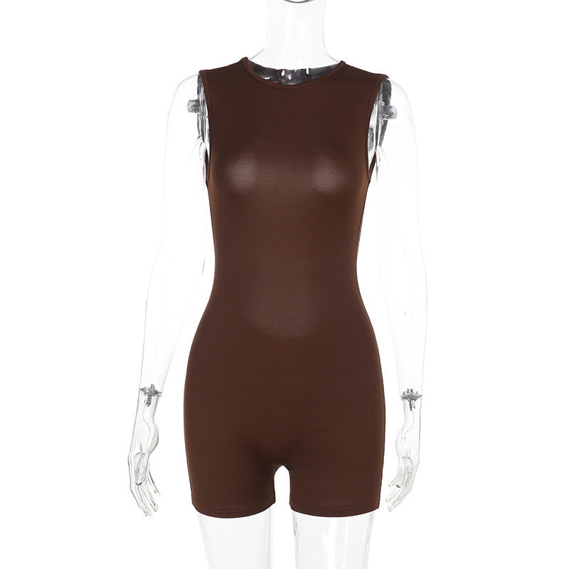 Slim-fit Solid Color Sleeveless Backless Sports And Leisure Jumpsuit