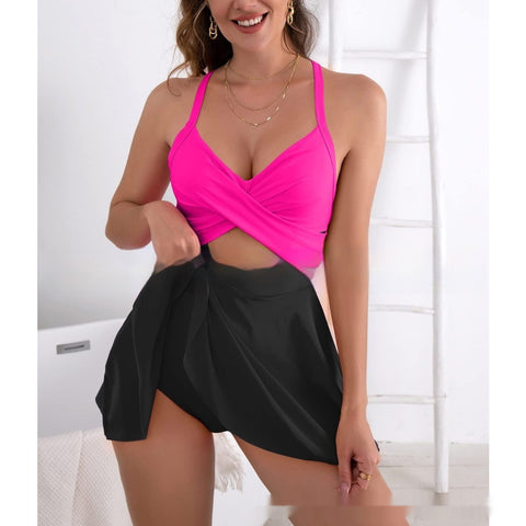 Color Matching Cross Plus Size One-piece Suspender Skirt