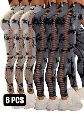 6Pcs Tie-dye Cut-out Leggings Women's Yoga Pants