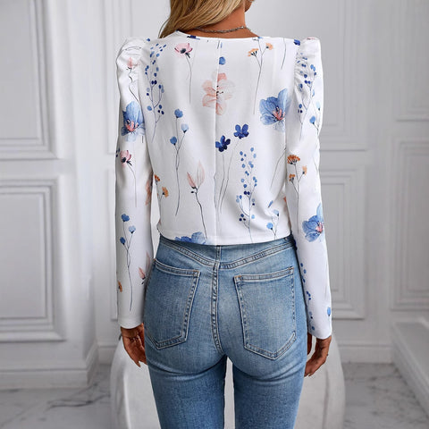 Printed Gigot Sleeve Long Sleeve Thin Jacket Jacket