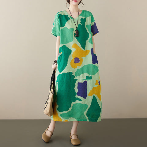 Plus Size Cotton And Linen Dress Abstract Printing Short Sleeve Loose