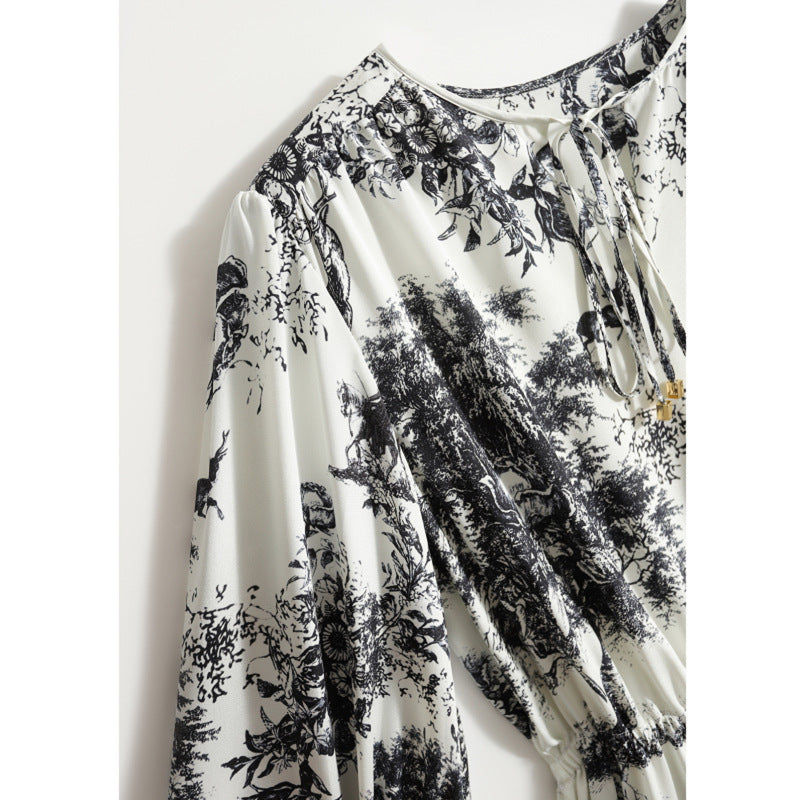 Elastic Heavy Crepe Silk Lantern Sleeve Dress