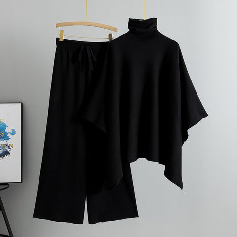 Turtleneck Cape Knitted Wide-leg Pants Elegant Outfit