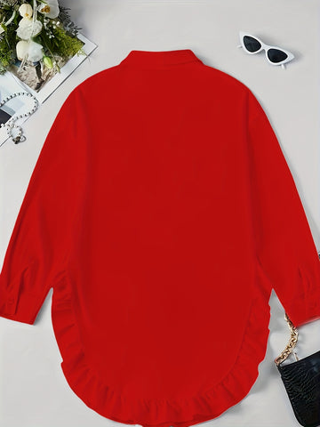 Women's Plus Size Casual Shirt With Ruffle Hem, Solid Color, Woven Polyester, Non-Stretch, Pointed Collar, Button Front, For All Seasons