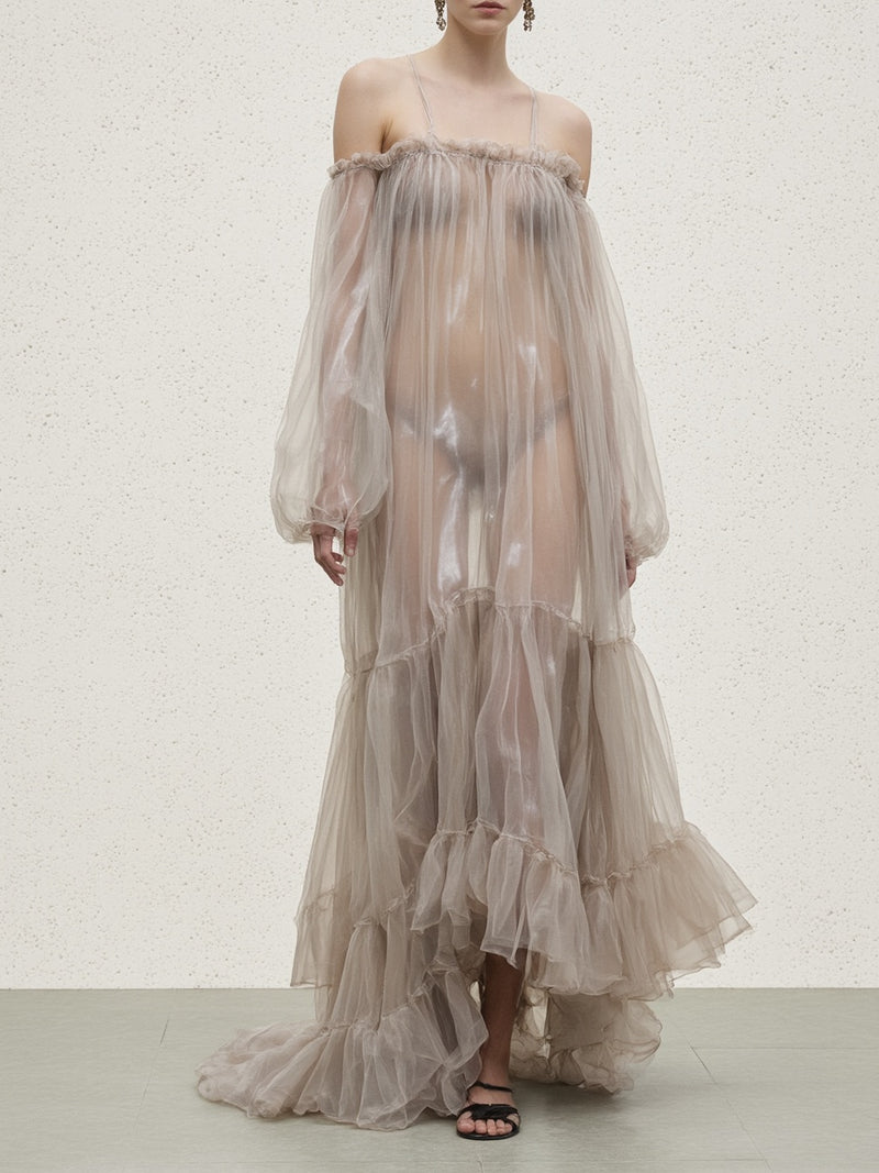 Sheer Off-shoulder Ruffle Maxi Dress