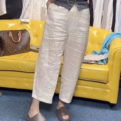 Women's Solid Color Linen Cropped Straight Casual Pants
