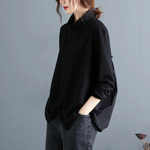 Retro Casual Patchwork Loose Long-sleeved T-shirt Turtleneck Bottoming Shirt