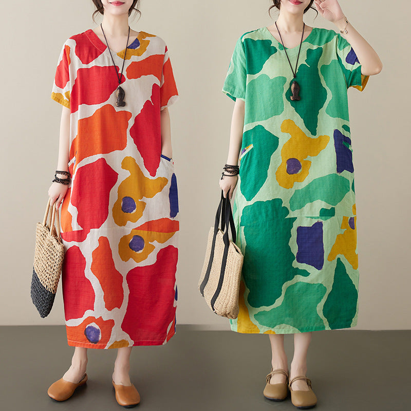 Plus Size Cotton And Linen Dress Abstract Printing Short Sleeve Loose