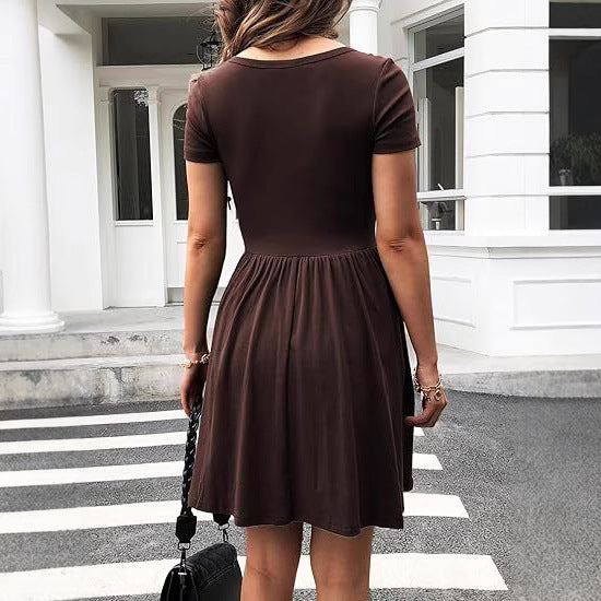 Short Sleeve Square Collar Elegant Women's Slim Fit Pure Color Slimming Dress