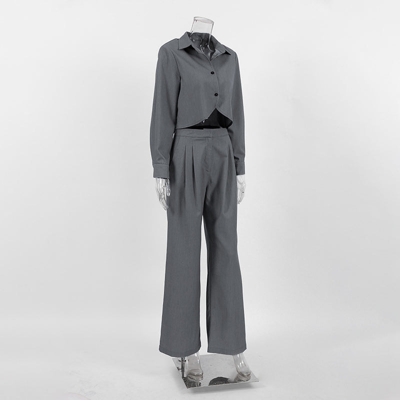 Gray, Long Sleeve Shirt High Waist Slimming Suit Wide Leg Pants