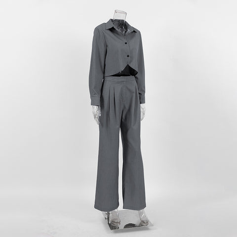 Gray, Long Sleeve Shirt High Waist Slimming Suit Wide Leg Pants