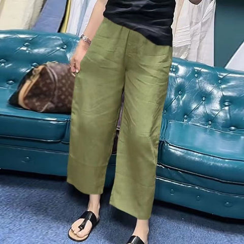 Women's Solid Color Linen Cropped Straight Casual Pants