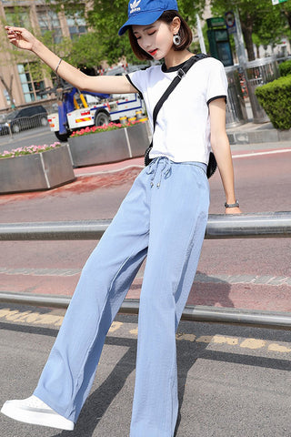 White Wide Leg Pants Female High Waist Drooping Ice Silk Leggings