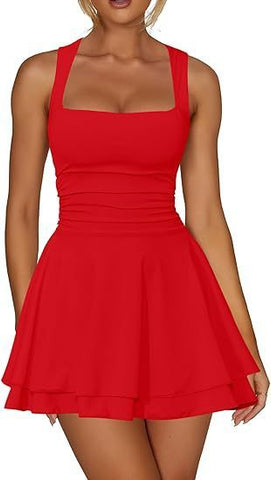 Women's Square Collar Waist Pleated Hem Mini Short Dress