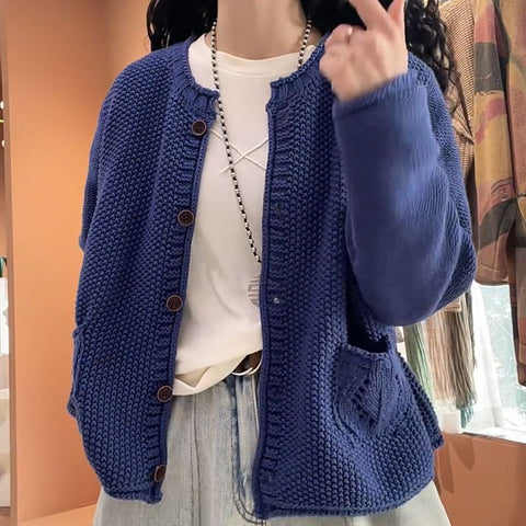 Women's Solid Color Round Neck Long Sleeve Knitted Sweater Coat