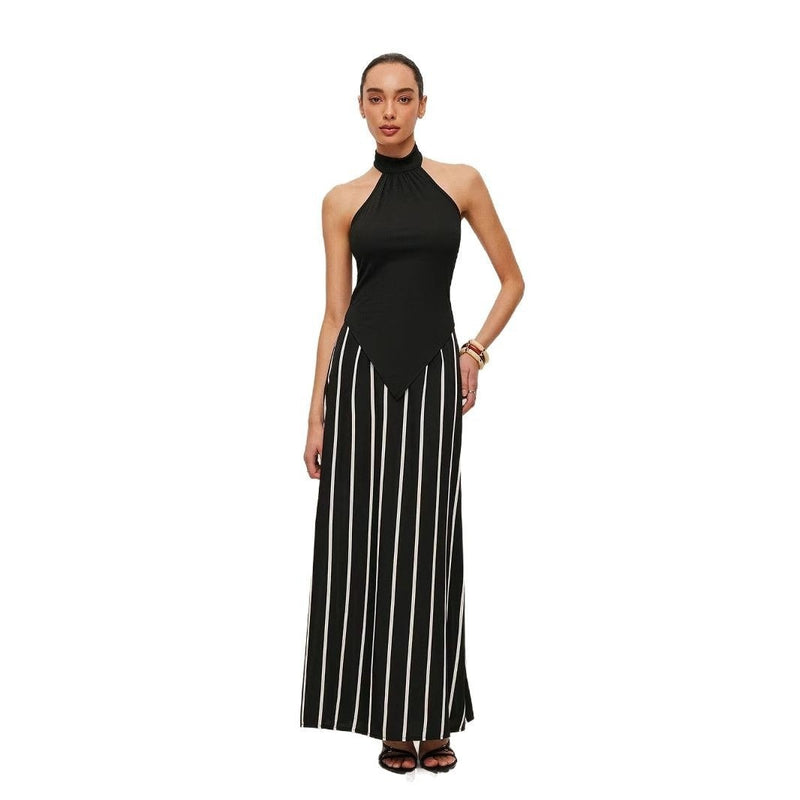 European And American Simple Halter Backless Sunken Stripe Knitted Top Striped Black And White High Waist Skirt For Women
