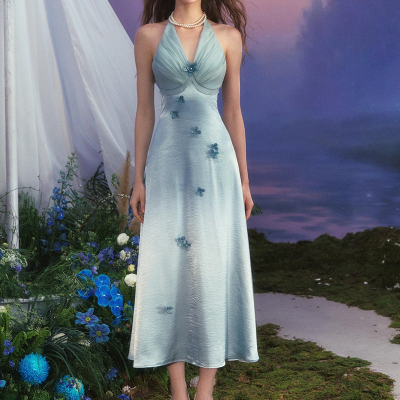 French Vacation Style Heavy Industry Halter Blue Flower Dress