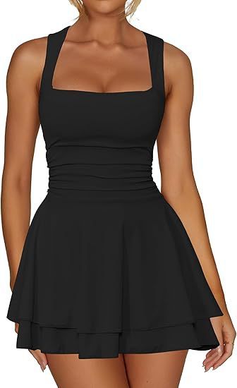 Women's Square Collar Waist Pleated Hem Mini Short Dress