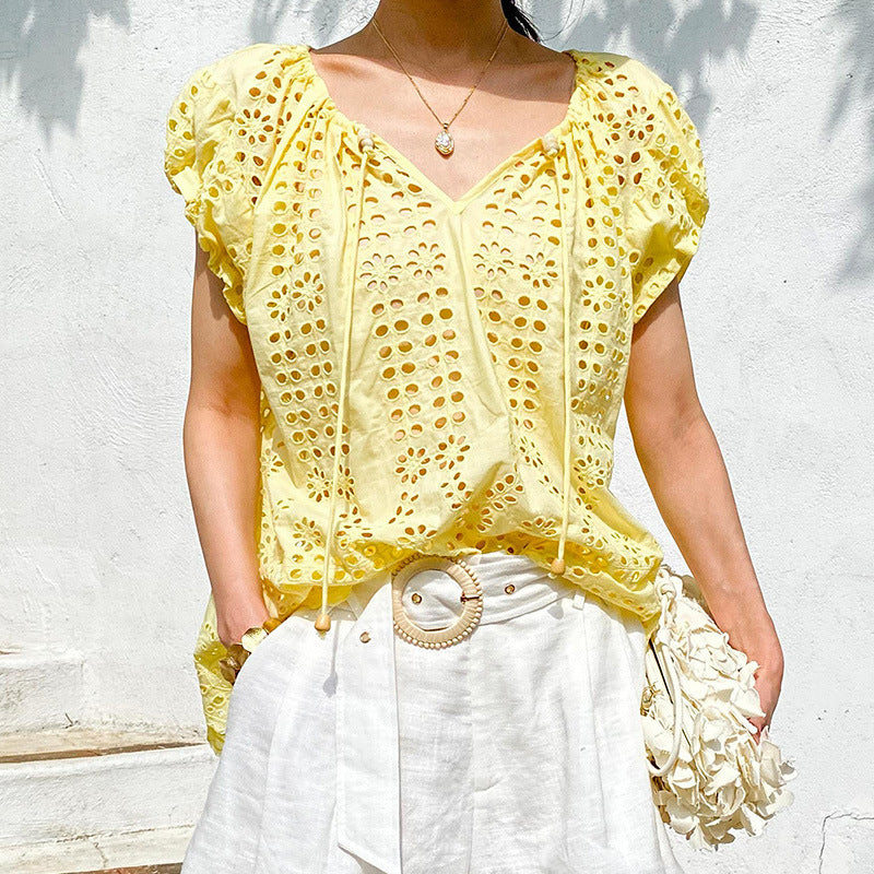 Vacation Style Embroidered Top Short Sleeve Summer French Style Design