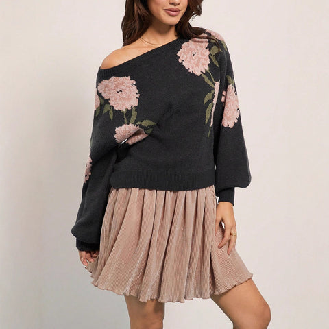 Women's Casual Loose Off Shoulder Flower Jacquard Pullover Sweater