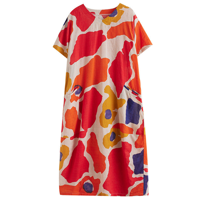 Plus Size Cotton And Linen Dress Abstract Printing Short Sleeve Loose