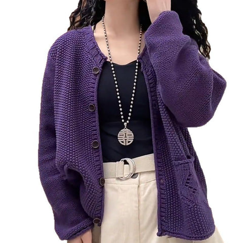 Women's Solid Color Round Neck Long Sleeve Knitted Sweater Coat