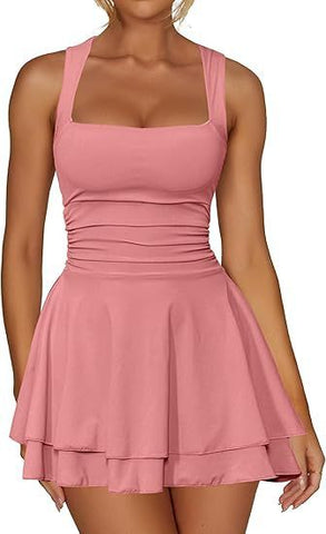 Women's Square Collar Waist Pleated Hem Mini Short Dress