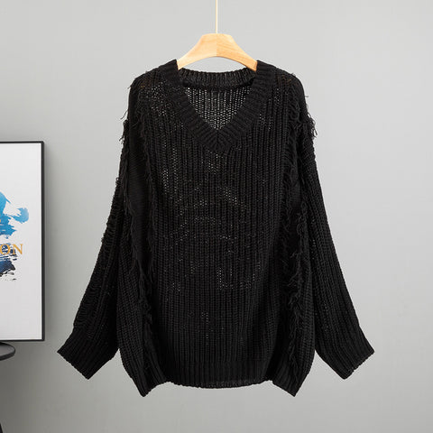 Loose V-neck Tassel Female Idle Style Long Sleeve Pullover Top